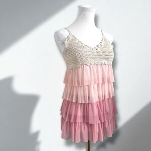 Crochet Lace Ruffle Tiered Top Pink Ombre Fairycore Coquette Cottagecore Y2K L